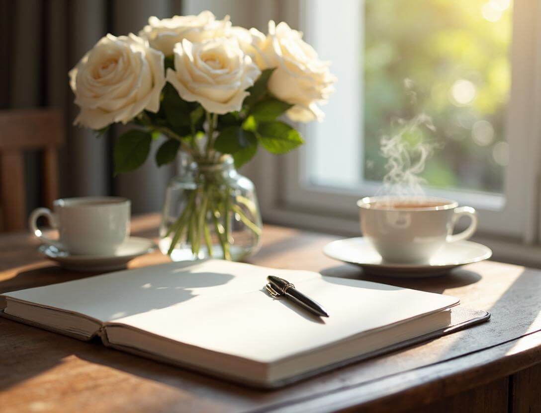 陽の当たるデスクに置かれたノートとペン、白いバラの花