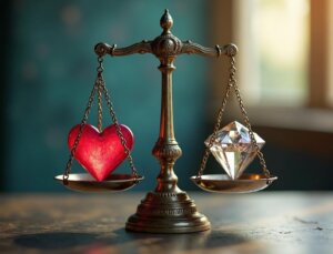 天秤に乗せられたハートと宝石、バランスをとるイメージ