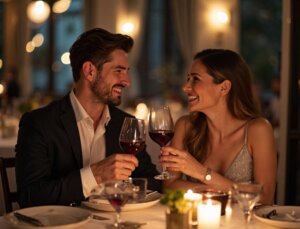 レストランでワイングラスを傾け乾杯する大人のカップル