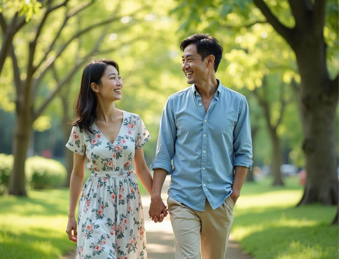 新緑の公園を手を繋いで歩く、幸せそうな40代の再婚カップル