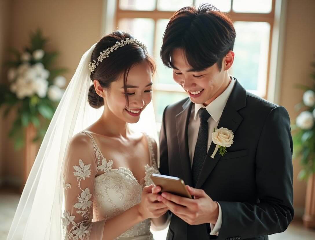 スマートフォンで結婚式場を探す幸せそうな新郎新婦とハナユメのイメージ