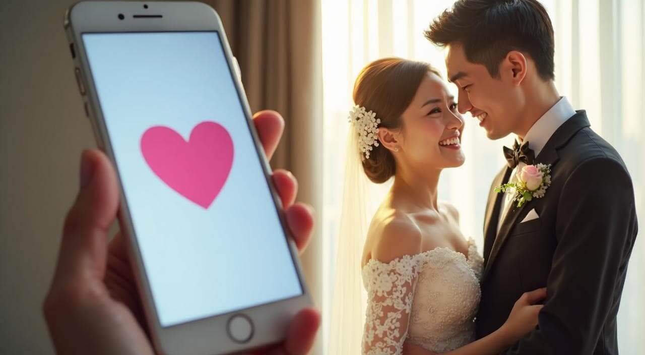 スマホで婚活をするイメージと成婚したカップル（ウェルスマ）