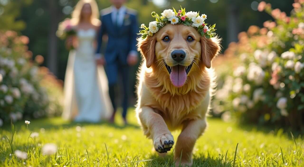 ガーデンウェディングで新郎新婦のもとへ元気に走るリングドッグのゴールデンレトリバー