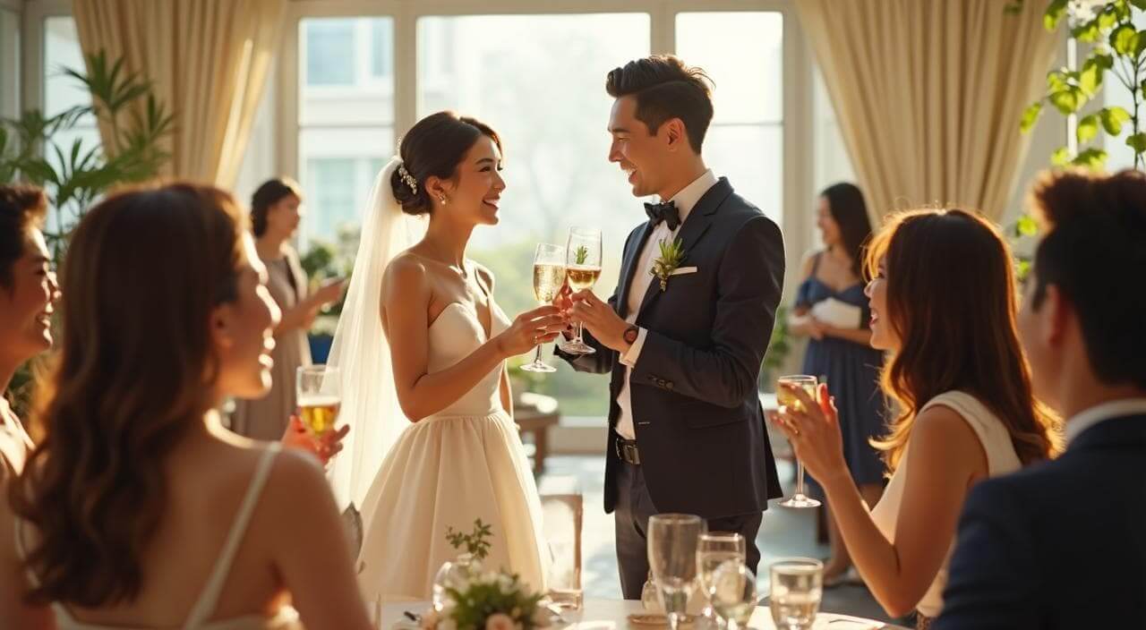 貸切の会場でゲストとゆったり談笑する平日ウェディングの様子