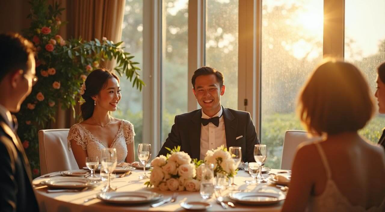 ルクリアモーレでの少人数結婚式。ラグナヴェールと同じ高級会場で、家族と幸せそうに食事をする新郎新婦の様子。