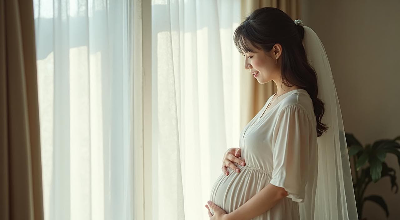 妊娠中で結婚式の準備に悩む幸せな花嫁