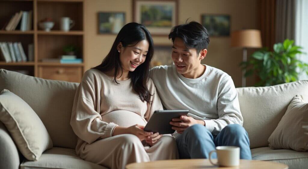 自宅からオンラインで結婚式の相談をする妊婦と夫