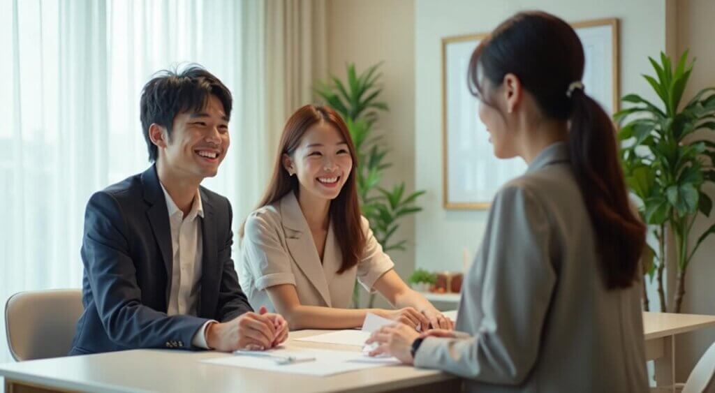 結婚式場の相談カウンターでプランナーと話すカップル