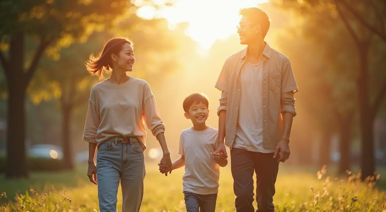 新しいパートナーと出会い幸せな未来を見つめるシングルマザーと子供のイメージ