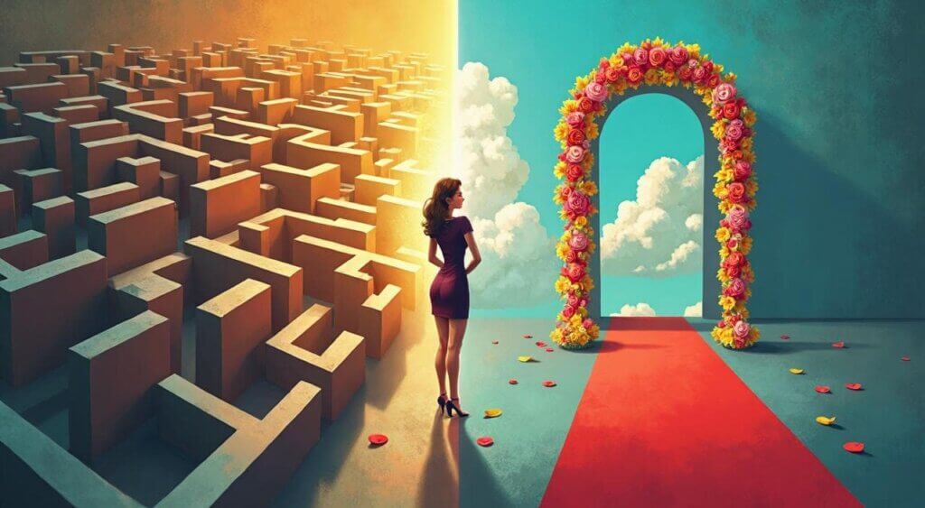 迷路のようなマッチングアプリとゴールへ直結する結婚相談所の比較イラスト