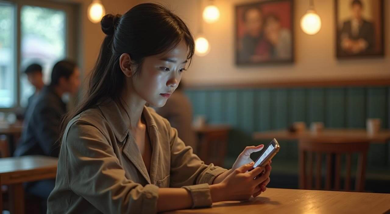 マッチングアプリのプロフィールを疑いの眼差しで見る不安そうな女性と背後のリスク