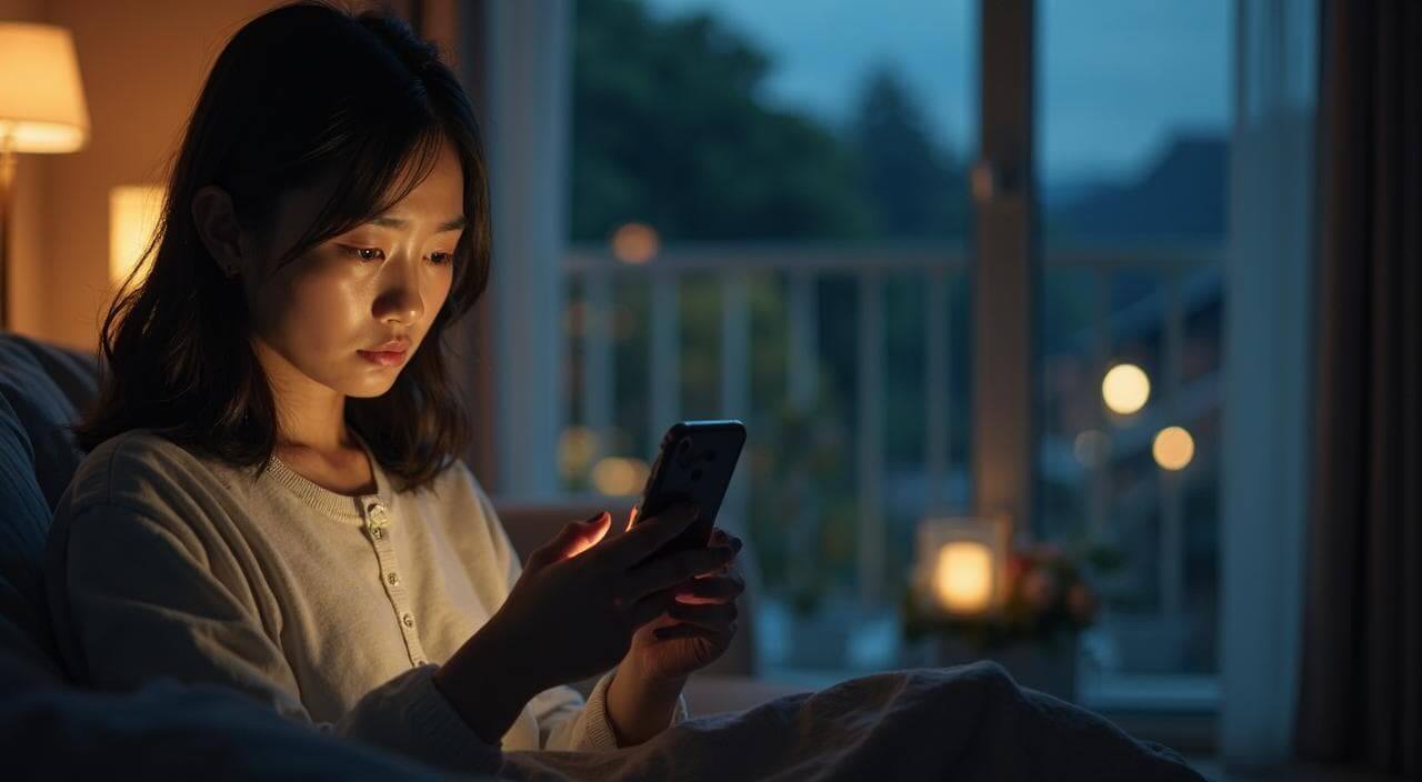 夜の部屋でスマホを見つめながらマッチングアプリに疲れを感じている30代女性