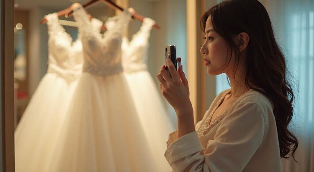 ブライダルフェアでウェディングドレスを一人でチェックする様子