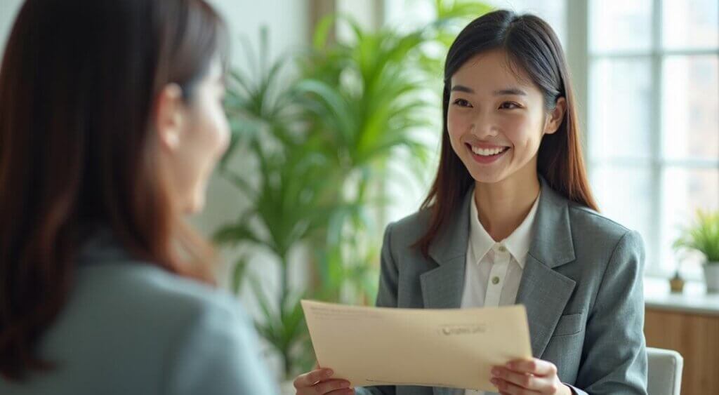 結婚相談所のカウンセラーと笑顔で話し、安心感を得て前向きになる女性