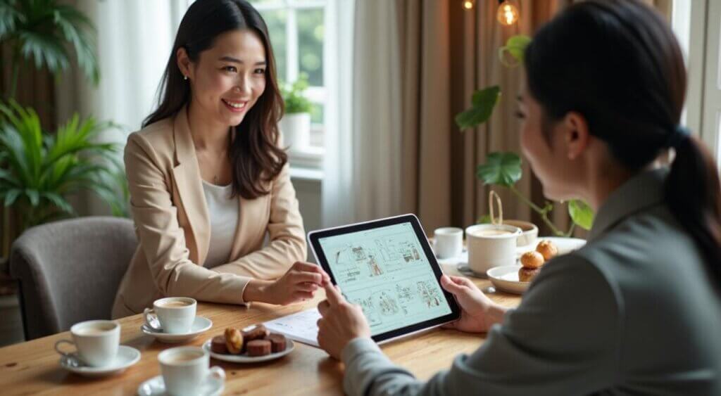 結婚式場のプランナーと一対一で熱心に相談をする女性