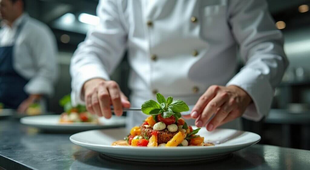一皿一皿丁寧に盛り付けを行う結婚式場のプロフェッショナルなシェフ