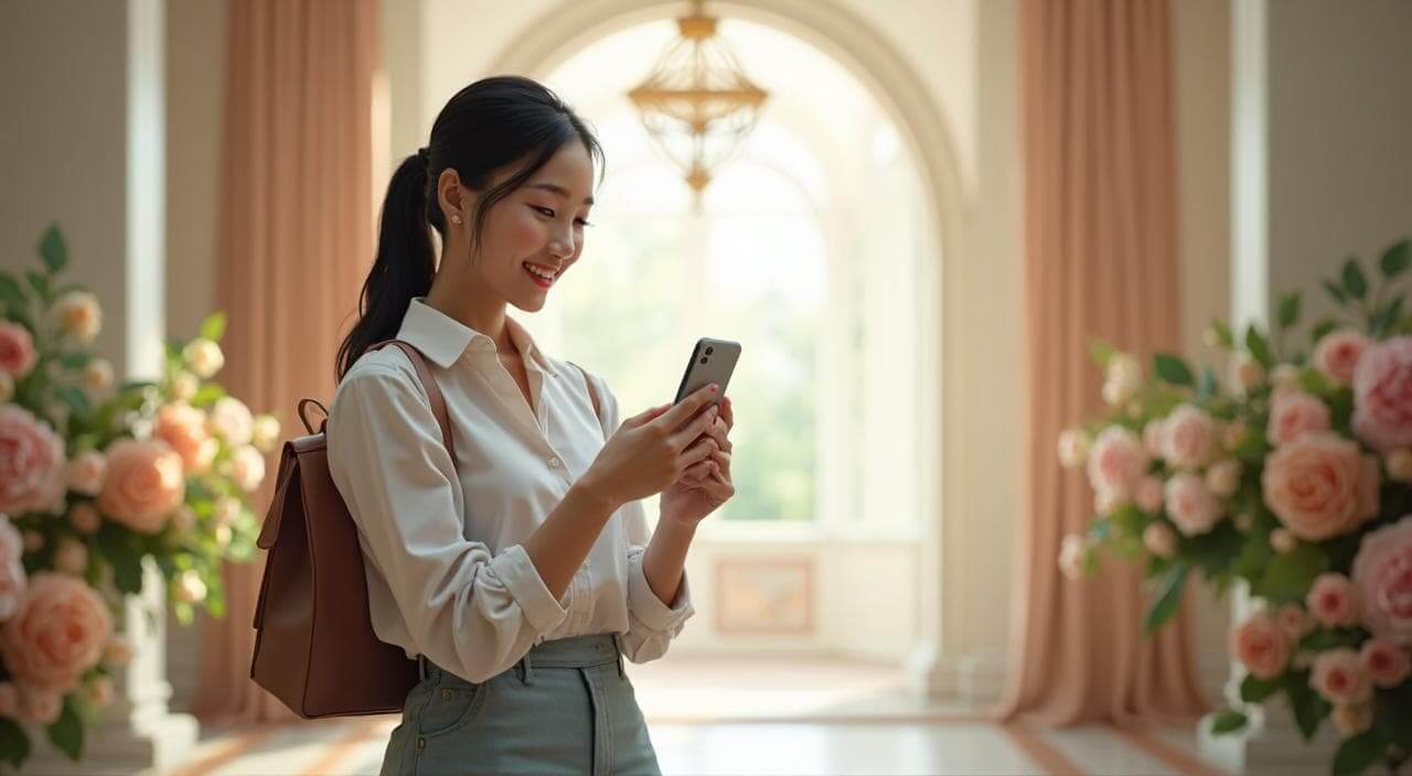 スマホで式場の写真を撮りながら一人でブライダルフェアを楽しむ女性