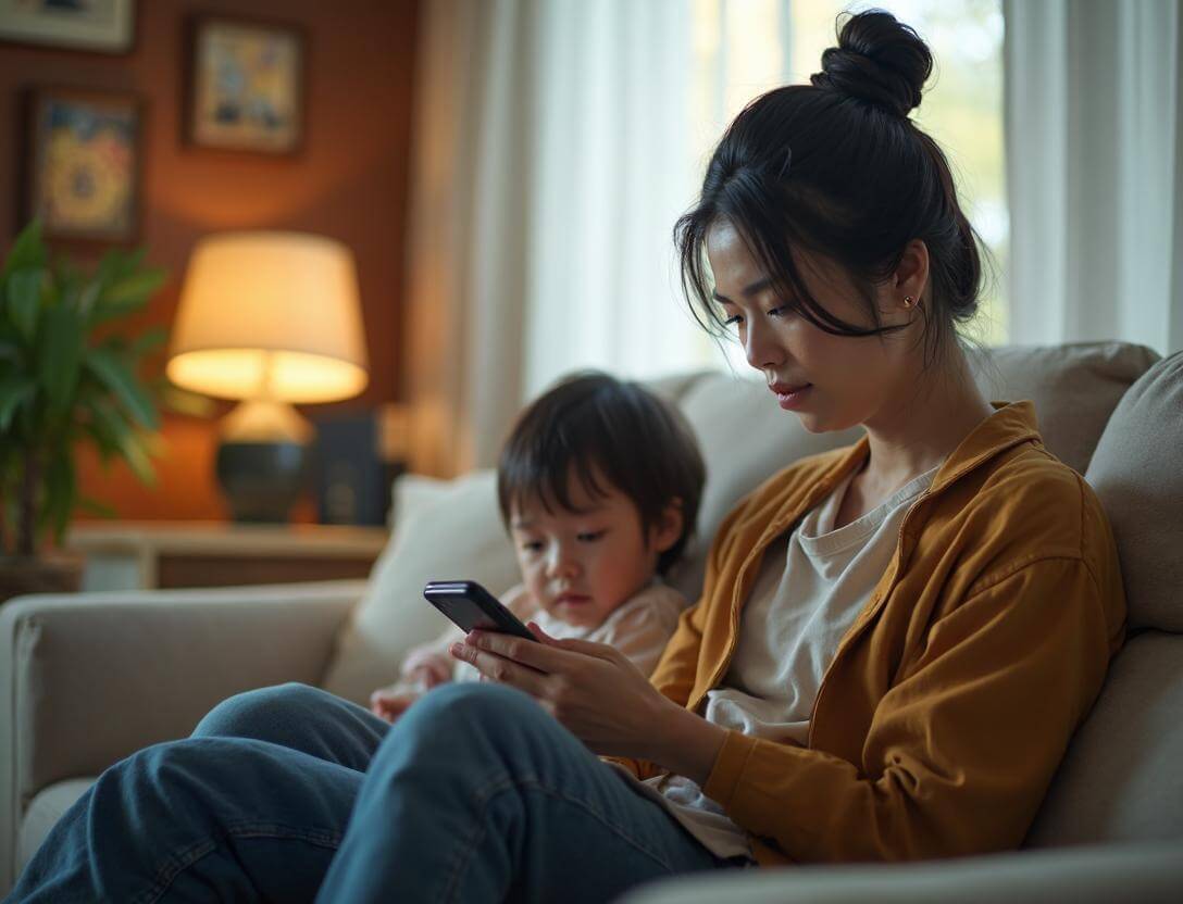 子供を見守りながらスマホでマリッシュを見るシングルマザー