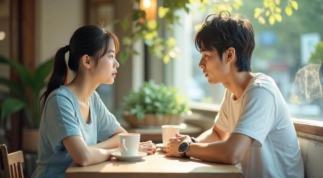 マッチングアプリの初回デートで会話が続かず、気まずい雰囲気になっている日本人男女のイメージ画像