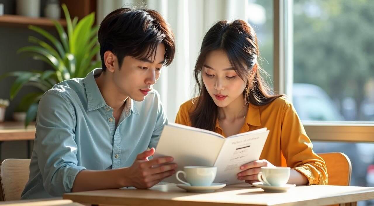 ブライダルフェアのパンフレットを見ながら何件回るか相談している日本人カップルのイメージ画像