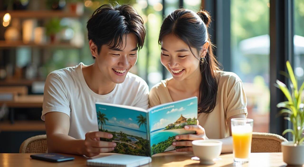 カフェで旅行のパンフレットやスマホを見ながらハネムーンの行き先や予算を相談している日本人カップルのイメージ画像