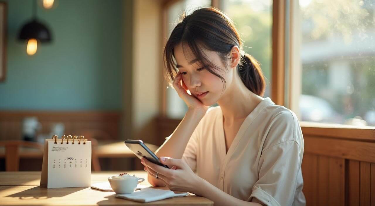 カフェでスマホとカレンダーを見つめながら、自分の結婚適齢期や将来について悩んでいる日本人女性のイメージ画像