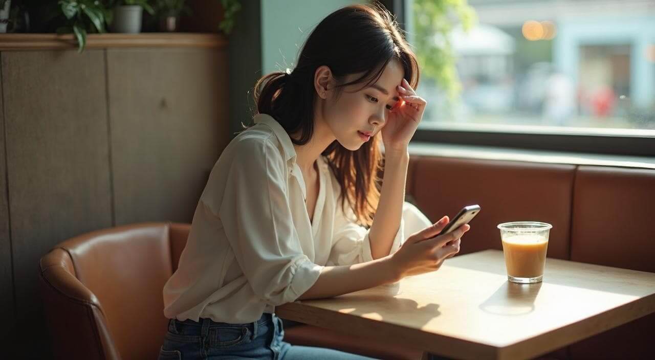 Tinderなどのマッチングアプリで真剣な出会いが見つからず疲弊している日本人女性のイメージ画像