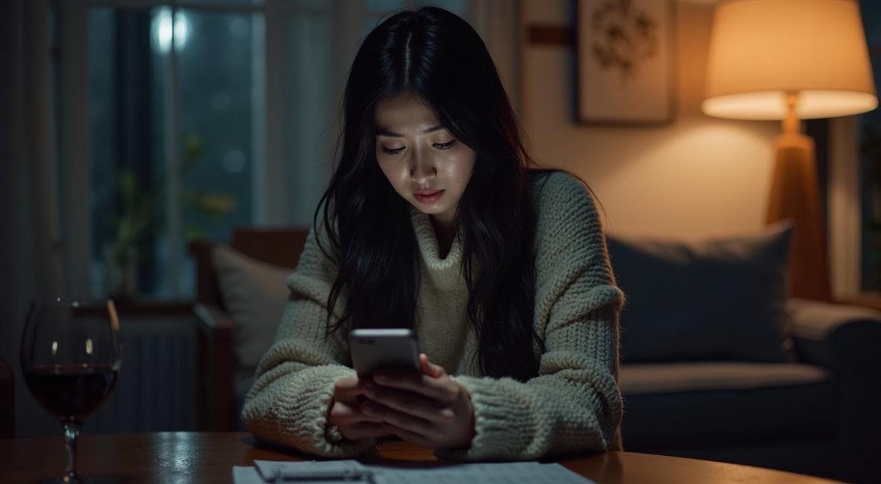 夜の部屋で一人スマホを見つめ、将来や結婚への焦りを感じている35歳独身の日本人女性のイメージ画像