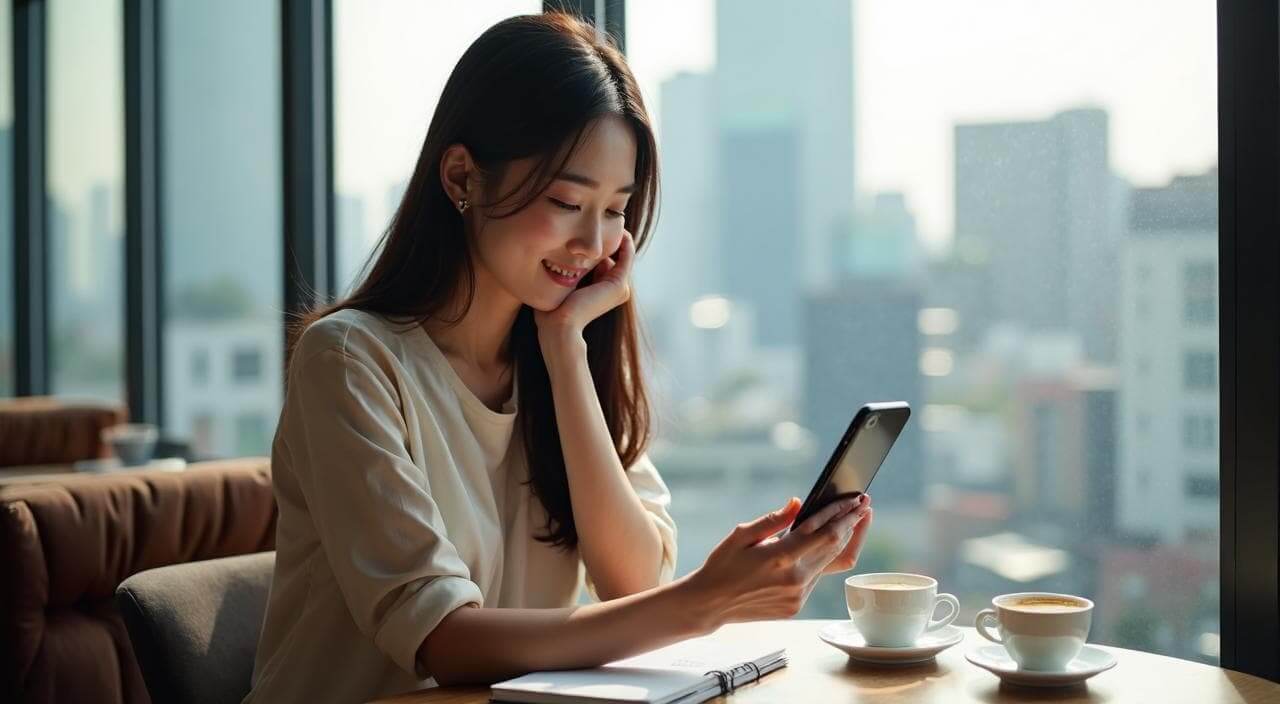 東京のカフェでスマホを見ながら安い結婚相談所の料金やコスパを比較検討している日本人女性のイメージ画像