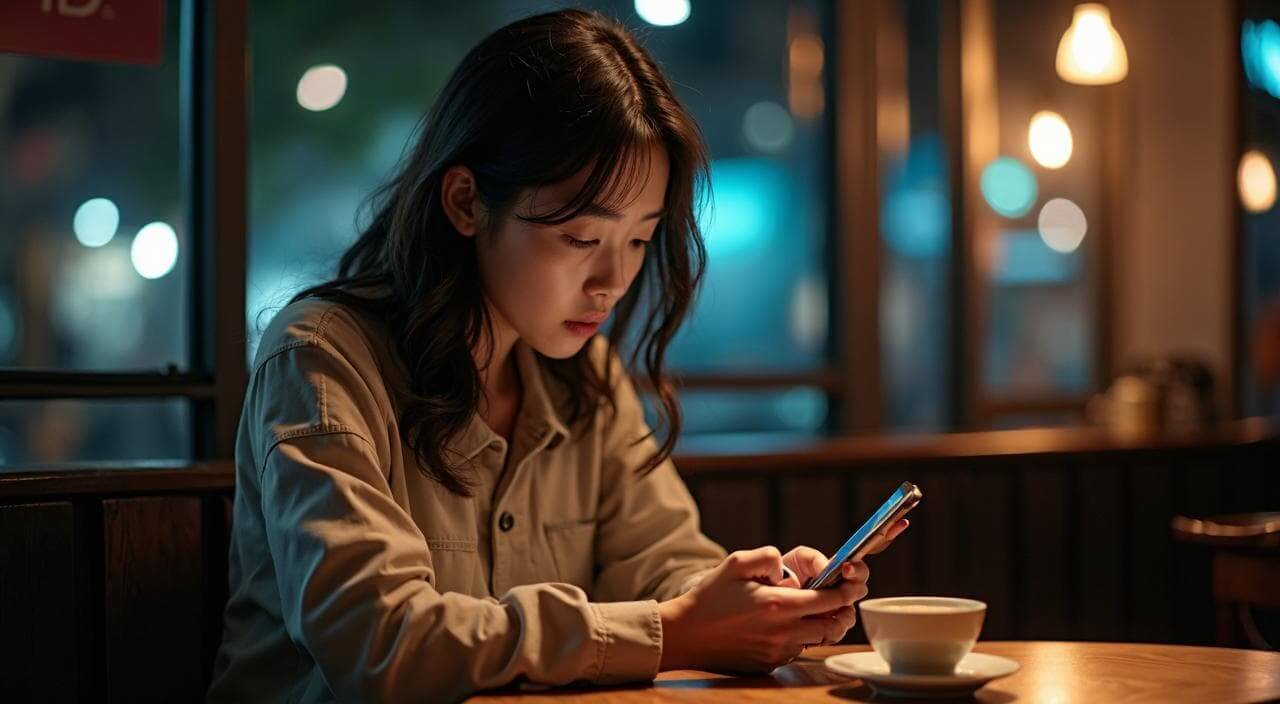 夜のカフェでスマホを見つめ、ペアーズなどのマッチングアプリに疲れ、将来への焦りを感じている35歳独身の日本人女性のイメージ画像