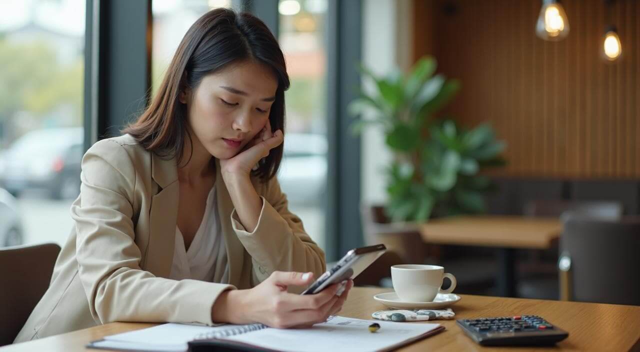 サンマリエの料金プランや他社との比較をスマホと電卓で計算して驚いている日本人女性のイメージ画像