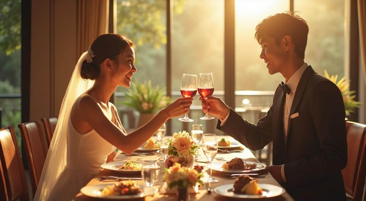 お洒落なレストランで挙式を行わず、美味しい料理と歓談を楽しむカジュアルな結婚式（食事会）のイメージ画像