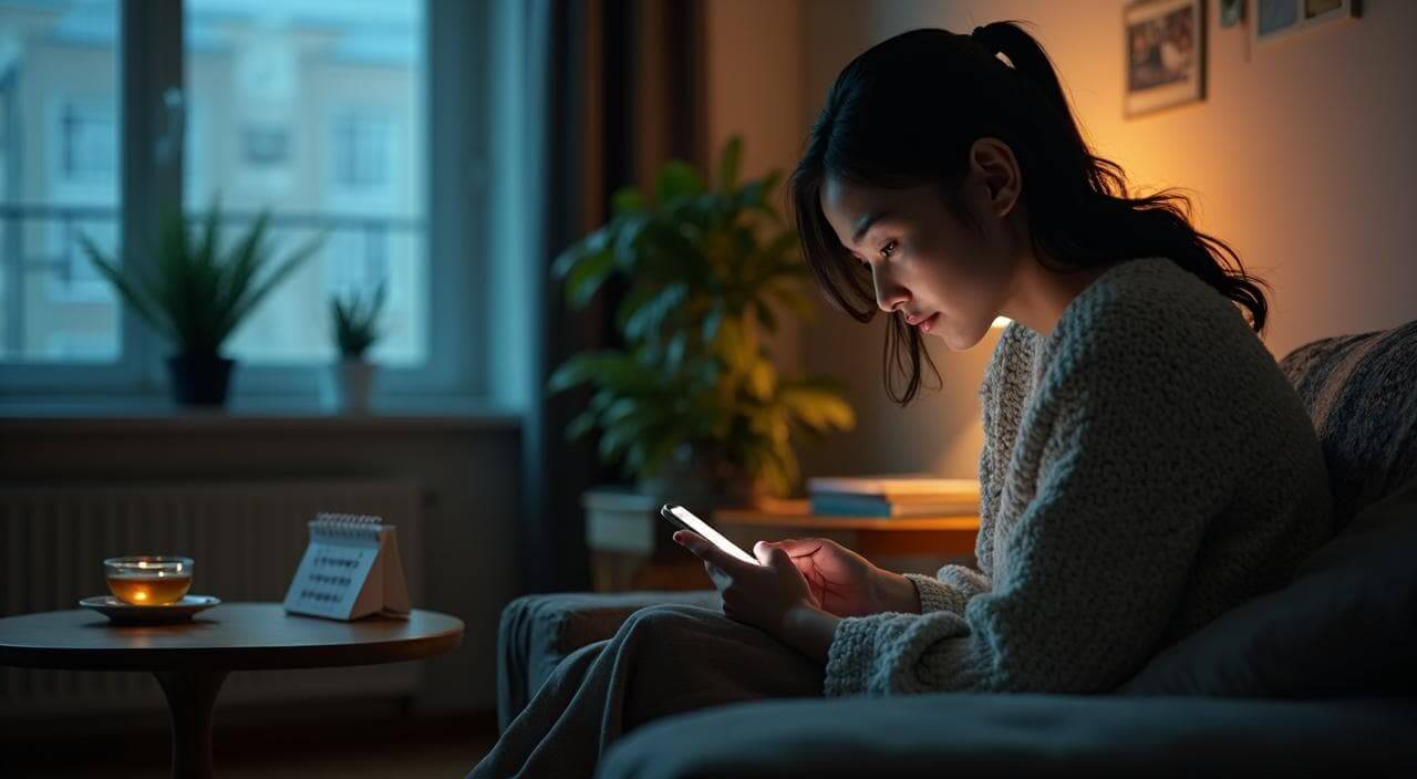 夜の部屋でスマホを見つめながら、年齢や結婚に対する焦りや不安を感じている日本人女性のイメージ画像