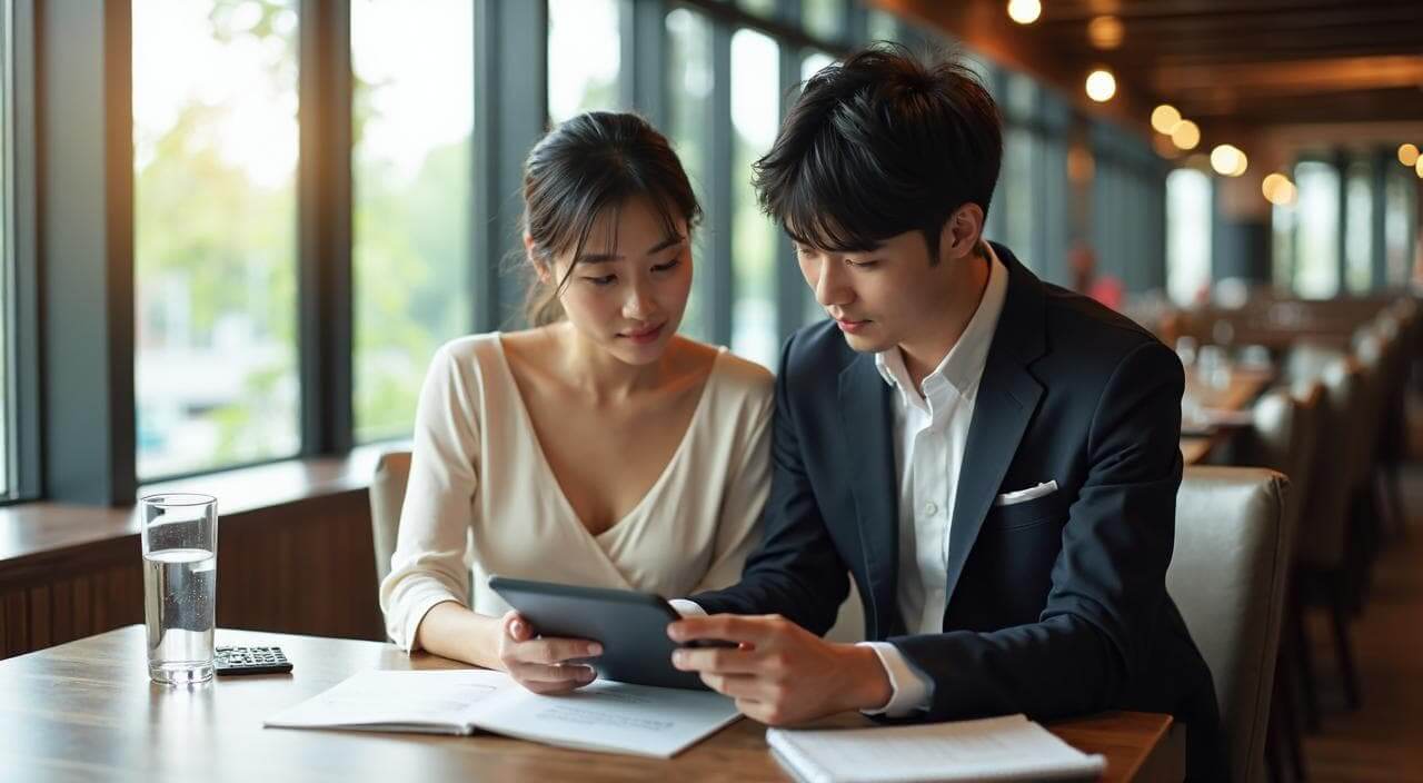 お洒落なレストランでタブレットを見ながら結婚式の費用や見積もりを計算している日本人カップルのイメージ画像