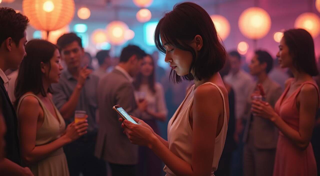 婚活パーティーの会場の隅で疲れ果ててスマホを見つめている日本人女性のイメージ画像