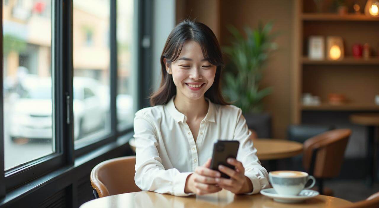 カフェでスマホを使ってサンマリエの「理想の結婚相手診断」を受けている、前向きな日本人女性のイメージ画像