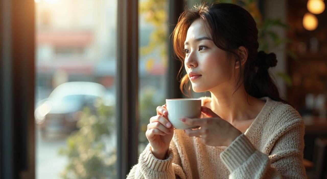 カフェで一人、結婚したいけれど相手がいなくて悩んでいる日本人女性のイメージ画像