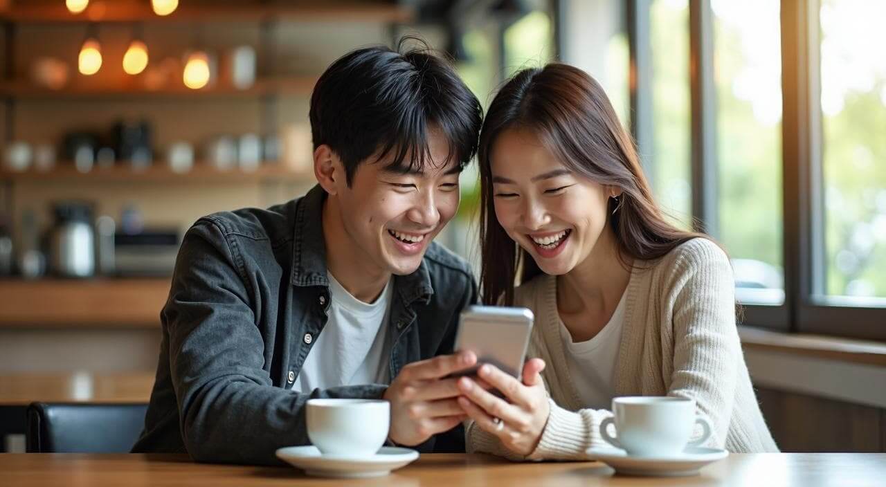 カフェでブライダルフェアのキャンペーン特典（商品券やギフト券）を見ながら喜んでいる日本人カップルのイメージ画像