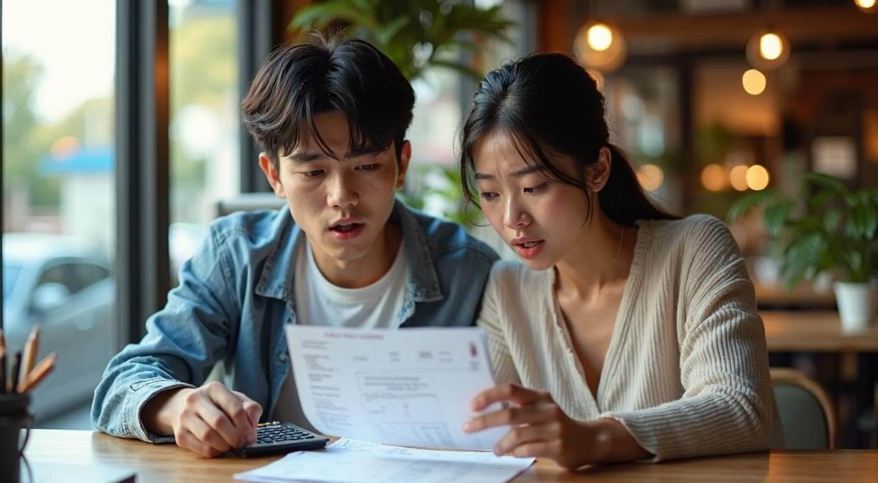 結婚式の初期見積もりを見て、予想以上の値上がりの罠に驚き不安になっている日本人カップルのイメージ画像