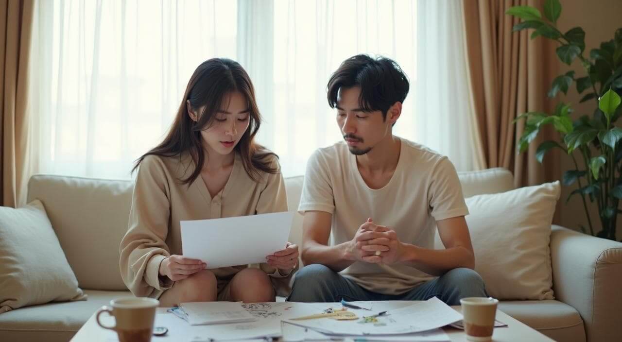 結婚式の面倒な準備や手作り作業に疲れてため息をつく日本人カップルのイメージ画像