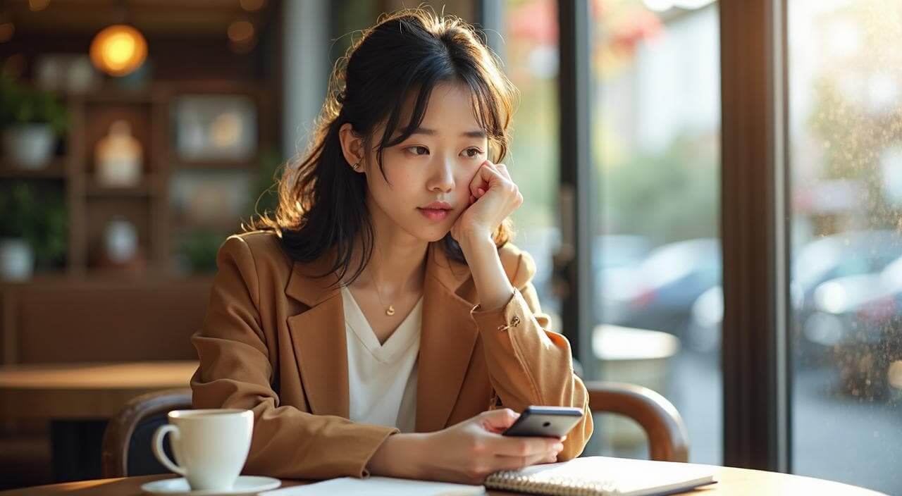 カフェでスマホを見ながらカンパニュラ東京などの結婚相談所を真剣に比較検討している日本人女性のイメージ画像