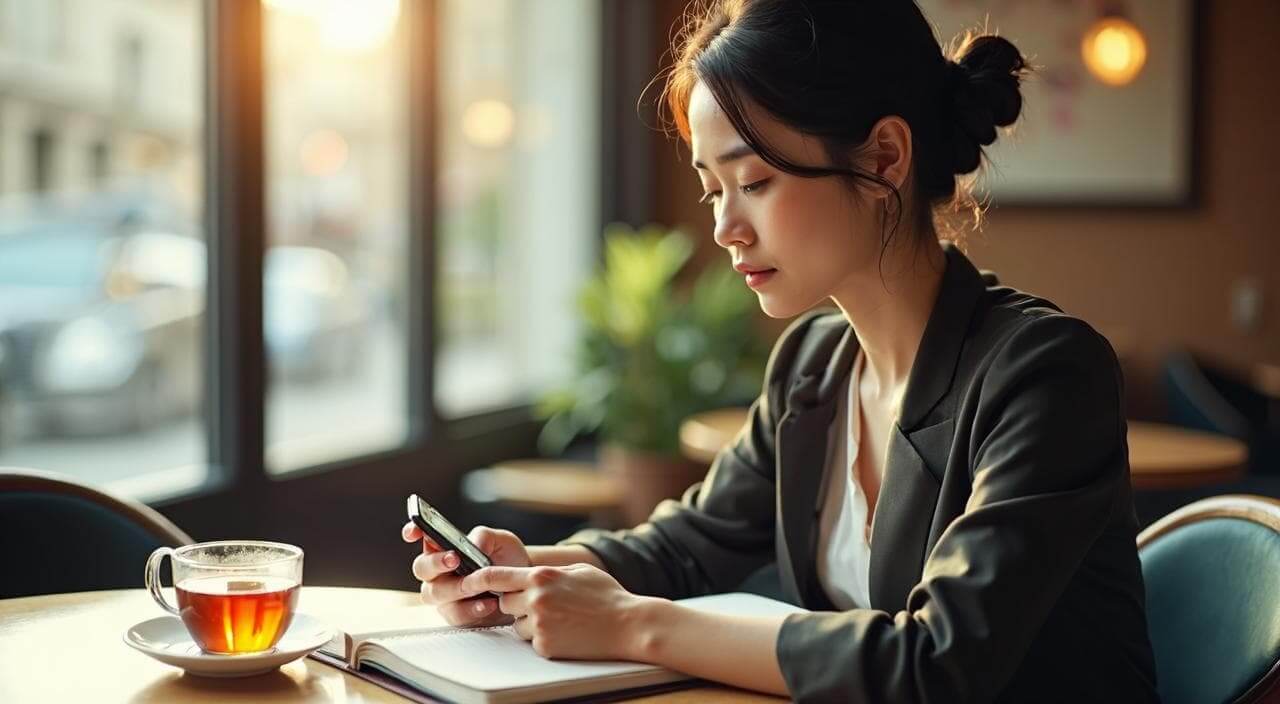 カフェでスマホを見ながらアークエンジェル婚活サポートなどの結婚相談所の評判やサービスを比較検討している日本人女性のイメージ画像