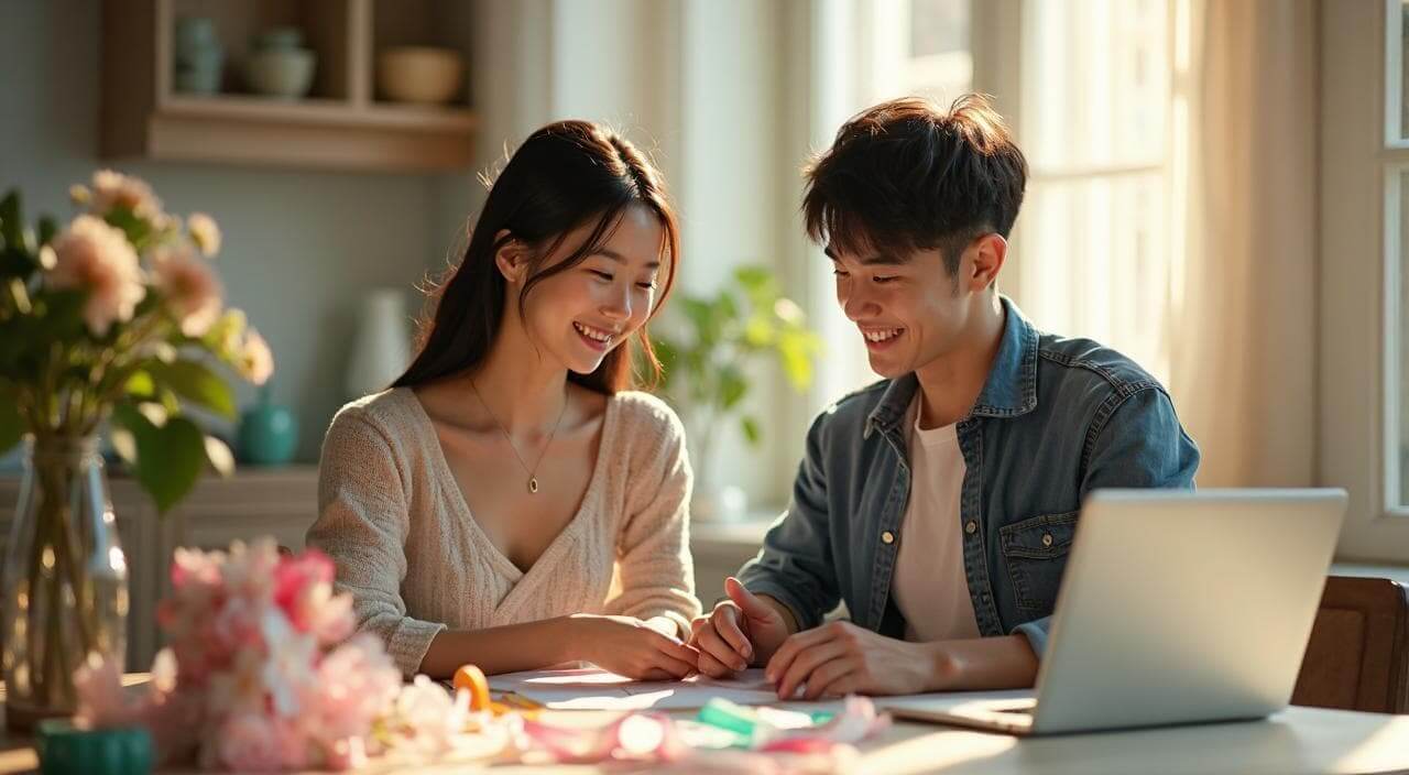 招待状を手作りして結婚式費用を賢く節約している日本人カップルのイメージ画像