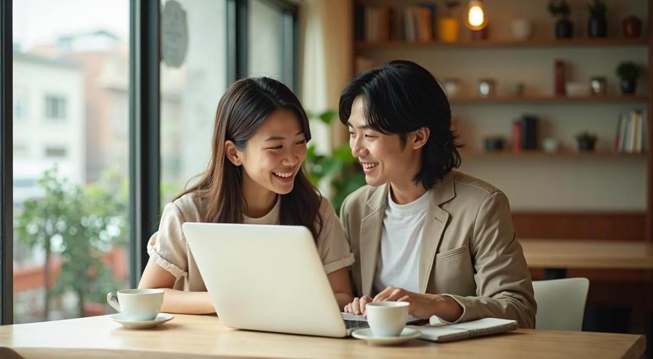 カフェで結婚式のプロフィールムービーや馴れ初めの紹介文について相談している日本人カップルのイメージ画像