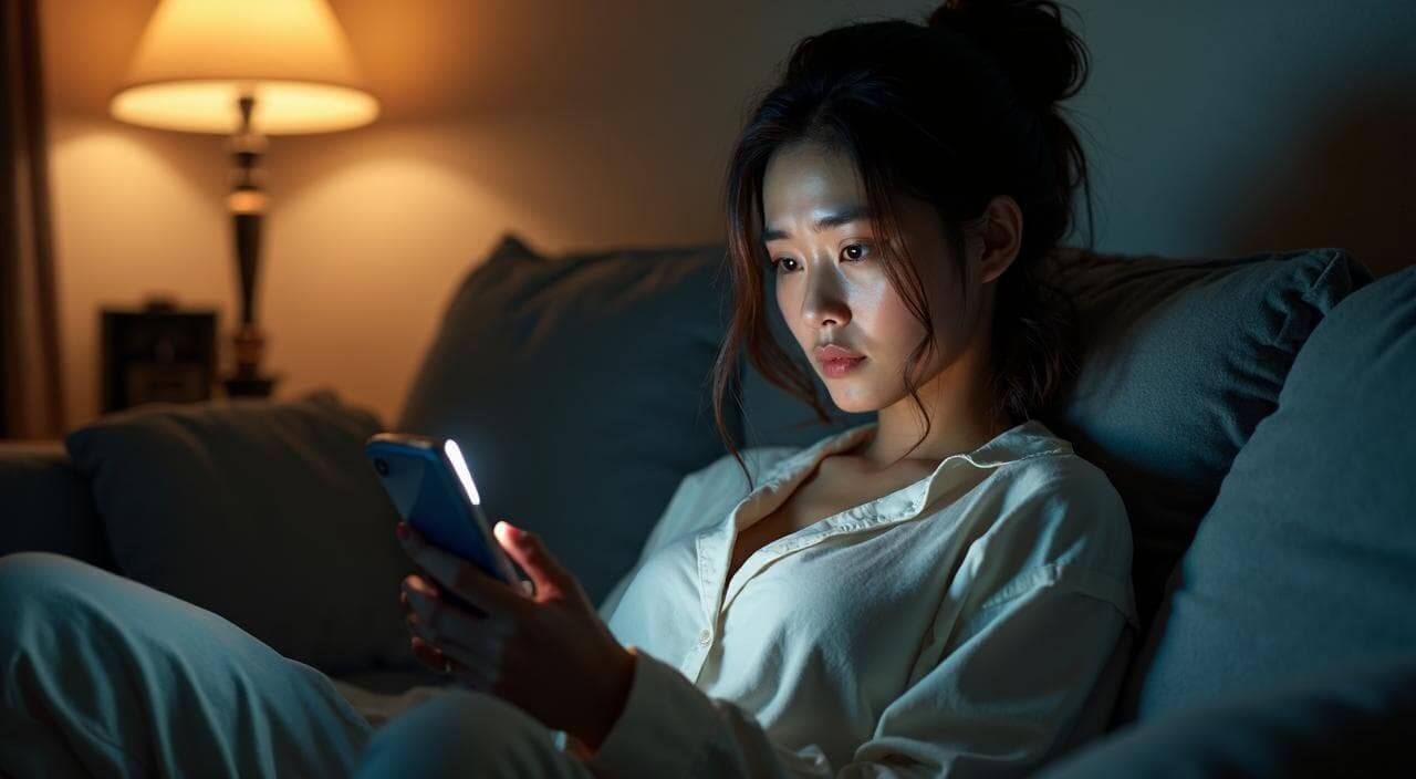 夜の部屋でスマホを見つめながら、マッチングアプリのプロフィールが嘘ではないかと疑心暗鬼になっている日本人女性のイメージ画像