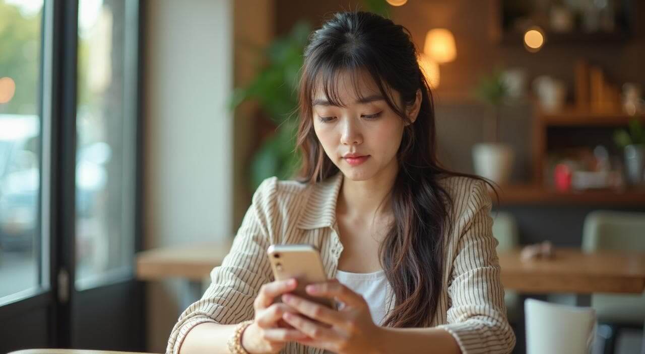 カフェでスマホのカレンダーを見ながら、婚活相手とのデート頻度やLINEのタイミングについて悩む日本人女性のイメージ画像