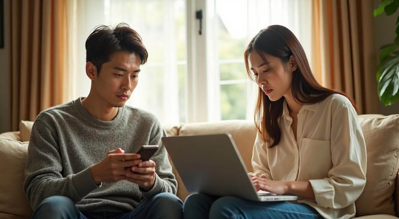 実家暮らしの自室でスマホやパソコンを見つめながら、婚活のプロフィール作成に悩む日本人男女のイメージ画像