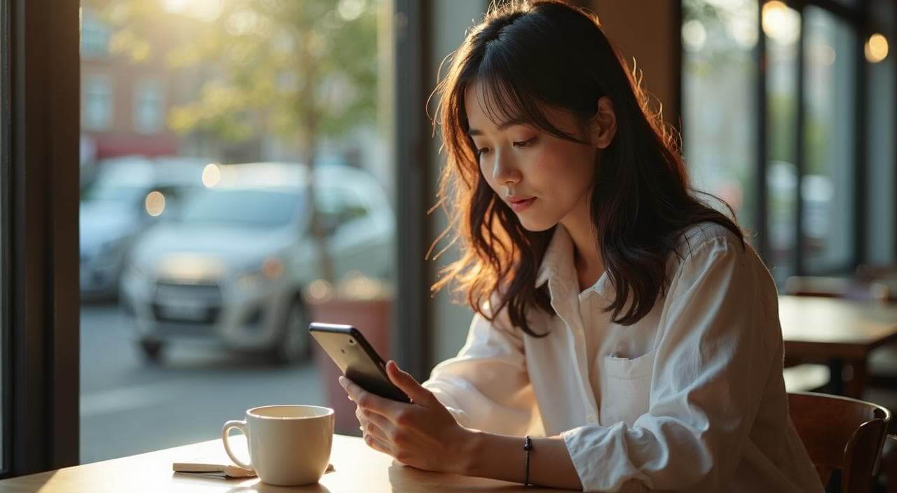 恵比寿のカフェでスマホを見ながらWill Marry（ウィルマリー）などの結婚相談所の評判を比較検討している日本人女性のイメージ画像