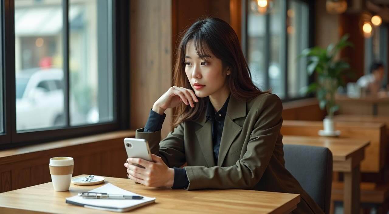 新橋のカフェでスマホを見ながらマリアージュ38などの結婚相談所の評判を比較検討している日本人女性のイメージ画像