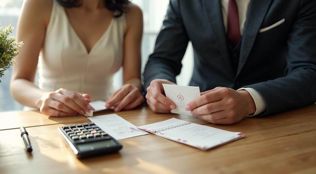 ゲストのリストを見ながら、結婚式のお車代（ポチ袋）や宿泊費の準備をしている日本人カップルのイメージ画像